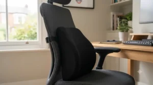 Memory foam lumbar support cushion attached to an ergonomic office chair backrest.