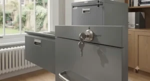 A 4-drawer filing cabinet demonstrating the safety-first anti-tilt mechanism for stable office storage.