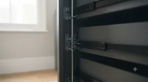 A side profile of a lateral filing cabinet highlighting the anti-tilt safety system that prevents more than one drawer opening at a time.