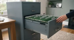 Alt text for image 7: A wide-angle view of a foolscap filing cabinet with the top drawer fully extended, demonstrating safety anti-tilt mechanism stability.