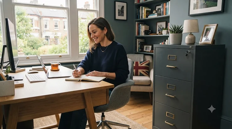 A stylish, organised home office featuring one of the best filing cabinets in the UK, highlighting space-saving storage solutions. best filing cabinets