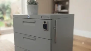 A secure 3-drawer filing cabinet equipped with a digital lock and a side-mounted accessory pen.