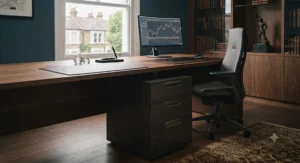 Premium black wood-grain finished fixed pedestal drawers complementing a high-end executive boardroom desk.