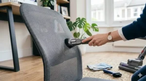 Vacuuming the backrest of a mesh office chair with a soft brush attachment.