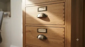 A close-up, eye-level photograph showcasing two drawers of a solid oak filing cabinet. The top drawer is labelled 'CLIENTS', and the bottom drawer is labelled 'PROJECTS', both written on cream cardstock held by aged brass frames. A matching aged brass cup handle is centred on each drawer. The rich oak wood grain and dovetail joints are clearly visible under soft directional light.