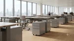 Rows of under-desk office pedestal drawers installed in a contemporary corporate open-plan office