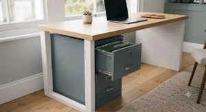 Alt text for image 4: A compact two-drawer foolscap filing cabinet fitting neatly beneath a modern white wooden desk in a small flat or study room.