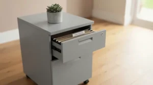 A grey, compact 3-drawer metal filing cabinet with an open drawer showing organised client files.