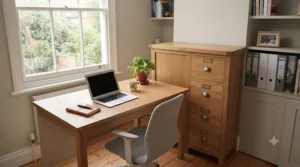 A high-angle view of a compact, well-organised home office nook. A laptop, notebook, and potted plant sit on a solid oak desk. Next to the desk is the matching four-drawer solid oak filing cabinet seen in image_2.png, fitted with aged brass cup handles. Natural light comes from a large window.