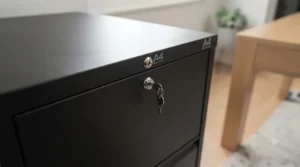 A compact two-drawer A4 filing cabinet neatly tucked under a wooden desk in a small flat or workspace.