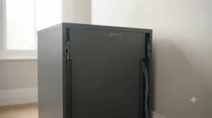 A detailed view of the reinforced steel frame construction and cable management port on the rear of the lateral filing cabinet.