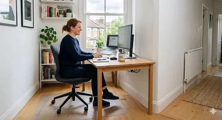 Clear, eco friendly office chair mat protecting a hard wood floor beneath an ergonomic desk setup in a modern British home office. eco-friendly office chair mat