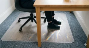 An office chair gliding smoothly across a clear eco friendly desk mat, reducing strain on the user's lower back.