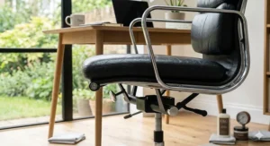 Diagram showing adjustable armrests and lumbar support on a fabric office chair.