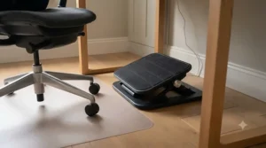 Adjustable ergonomic footrest positioned under a desk to improve seated posture.