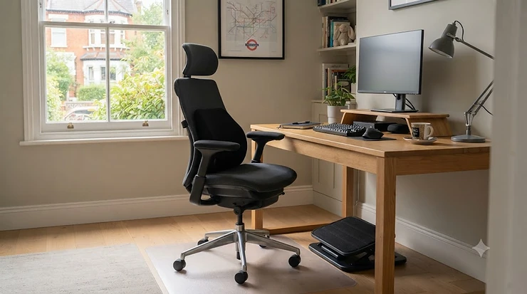 Ergonomic office chair accessories displayed on a wooden desk setup for home working. essential office chair accessories