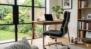 A traditional, plush leather executive chair positioned at a dark wood desk.