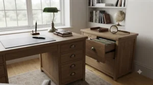 A close-up, low-angle view of a premium solid oak executive desk paired with a matching four-drawer filing cabinet. Both pieces feature the same rich wood grain, panelled construction, and aged brass cup handles. On the cabinet top sits a leather tray and a brass magnifying glass. The desk has a black leather blotter and a banker's lamp, all in a traditional, light-filled study.