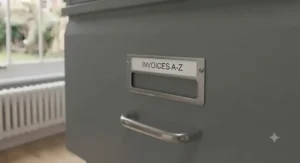 Detail shot of the integrated chrome label holders on the front of the 4-drawer filing cabinet.