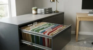 A neatly organised filing cabinet drawer showing how to use hanging folders for efficient document storage.