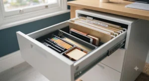 Open fixed pedestal drawers showing deep filing space and a convenient stationery tray insert.