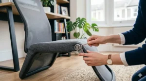 Adjusting the side brackets to secure a loose office chair armrest.