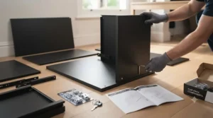 Unassembled parts and panels of a flat-pack metal A4 filing cabinet ready for home assembly.