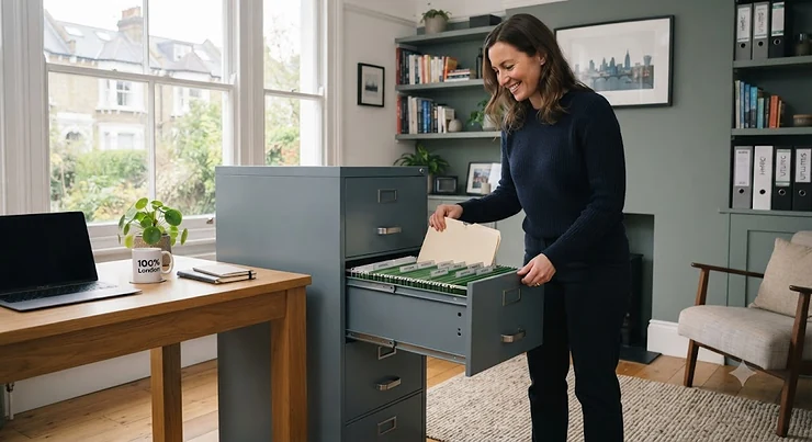 Alt text for image 1: A premium metal foolscap filing cabinet neatly organized in a contemporary British home office, featuring smooth drawer action and secure locking. foolscap filing cabinet