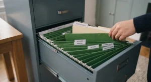 Alt text for image 2: Close-up view of green foolscap suspension files hanging smoothly inside an open metal filing cabinet drawer, showing tab inserts for easy document categorization.