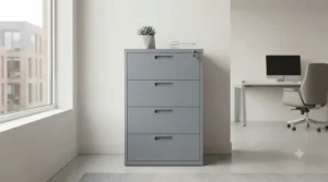 Interior view of a vertical filing cabinet drawer equipped with metal rails for A4 and foolscap suspension files, organised with manila folders and index tabs.