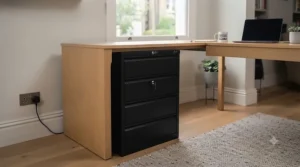 A tall four-drawer vertical A4 filing cabinet maximising vertical storage space in a busy office.