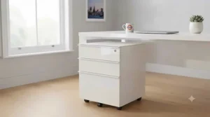 Gloss white handleless office pedestal drawers paired with contemporary Scandinavian desk setup