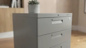 Detailed view of a secure, heavy-duty 3-drawer filing cabinet with a modern lock mechanism.