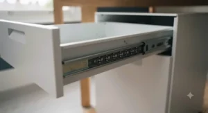 Smooth-gliding ball-bearing drawer runners extended on a heavy-duty fixed office pedestal unit.