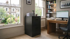 Side profile of the metal filing cabinet showing a hand opening a drawer smoothly on heavy-duty runners.