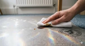 A damp cloth wiping away a coffee spill from the waterproof surface of a clear eco friendly office chair mat.