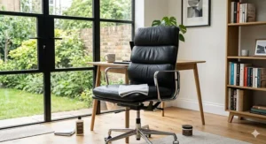 A cloth wiping a leather office chair surface, demonstrating the ease of maintenance.