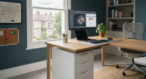 Close-up of fixed pedestal drawers being securely mounted underneath an office desk surface.