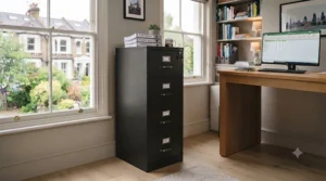 A robust, industrial-style black metal filing cabinet styled in an open-plan office alongside exposed brickwork and contemporary office furniture.