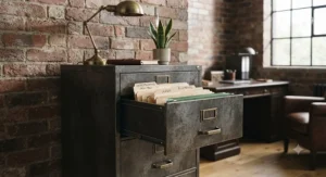 Alt text for image 8: A retro industrial-style metal foolscap filing cabinet with vintage brass-effect label holders placed against an exposed brick wall.