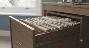 The interior of a 2-drawer filing cabinet showing A4 hanging file organisation.