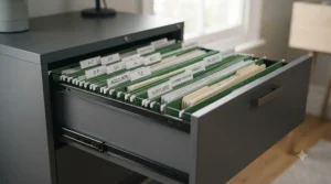 A close-up view of an open lateral filing cabinet drawer, demonstrating the capacity for both A4 and foolscap suspension files.