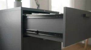 A close-up of the ball-bearing drawer slide mechanism, highlighting the smooth, heavy-duty operation of the lateral filing cabinet drawers.