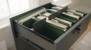 An organised lateral filing cabinet drawer showing adjustable divider plates keeping folders upright and easily accessible.
