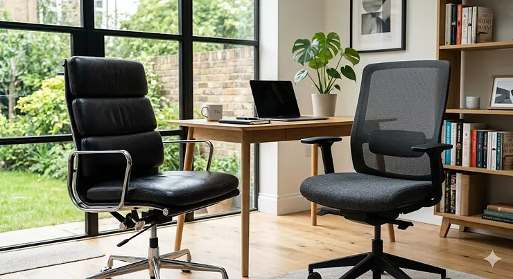 Side-by-side comparison of a professional leather executive chair and a modern grey fabric ergonomic office chair. leather vs fabric office chair