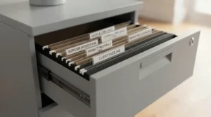 Close-up of an open 3-drawer filing cabinet drawer filled with clearly labelled project and client files.