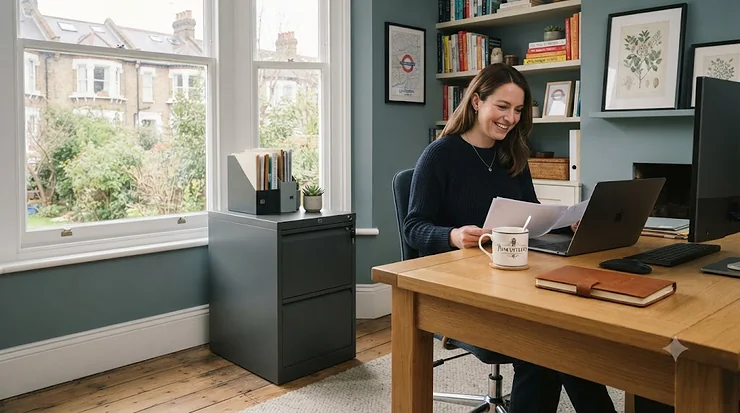 Modern metal lockable filing cabinet in a contemporary UK home office, ideal for secure document storage. lockable filing cabinet