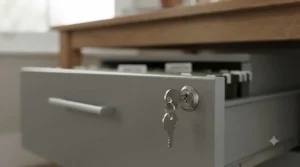 Close-up of a secure locking mechanism on a mobile filing cabinet, highlighting document safety features.