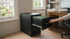 Close-up view of the secure central locking system on the grey metal filing cabinet, ensuring safety for sensitive business files.