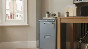 A heavy-duty lockable vertical filing cabinet in a grey finish, with a key inserted into the central locking mechanism to secure confidential documents.